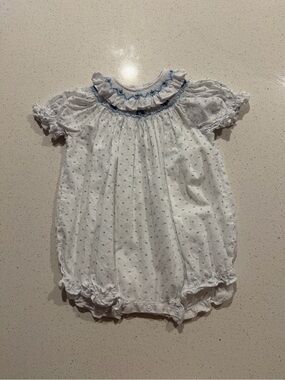Edgehill Collection White Romper with Blue Dot Smocking